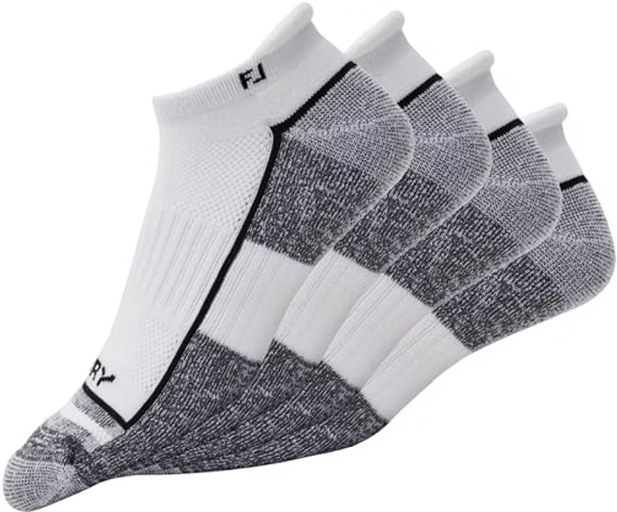 Four white and gray athletic ankle socks with black trim, fanned out on a white background, with small FJ lettering visible