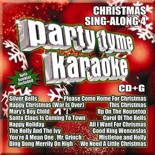 Red Christmas karaoke CD cover with snowflakes, Partytime Karaoke, Christmas Sing-Along 4, and song list.