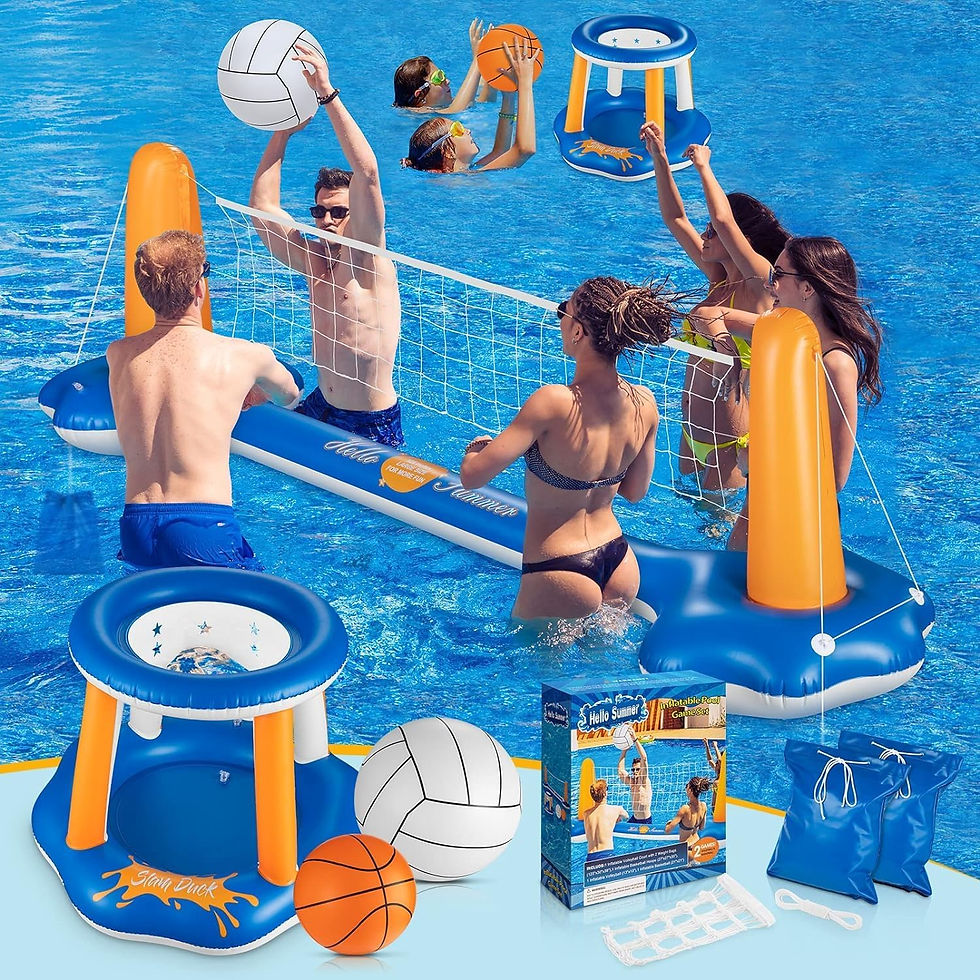 People play inflatable pool volleyball and basketball in a bright blue pool; Slam Dunk floats and Hello Summer box shown.