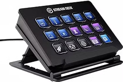 Black Stream Deck controller with glowing blue and purple buttons on a stand, shown on a white background.