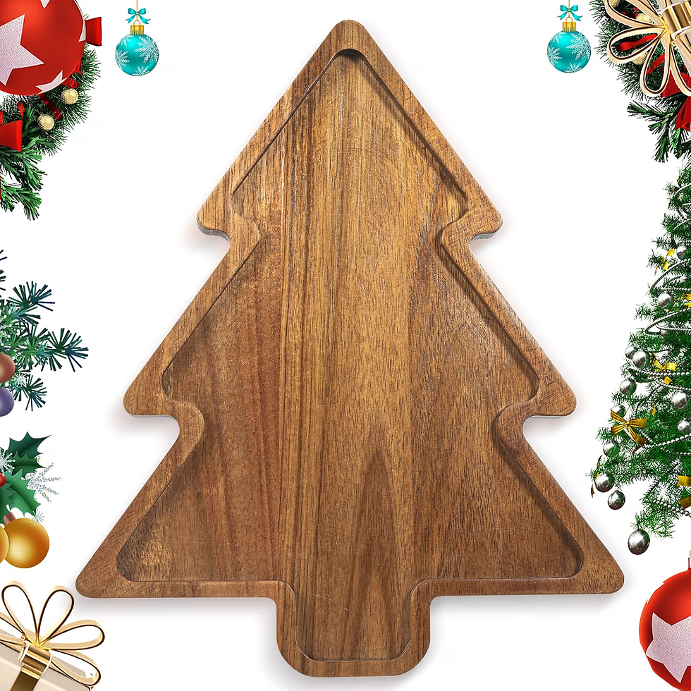 Wooden tree-shaped serving tray on a white background, framed by Christmas ornaments and garland, festive and rustic