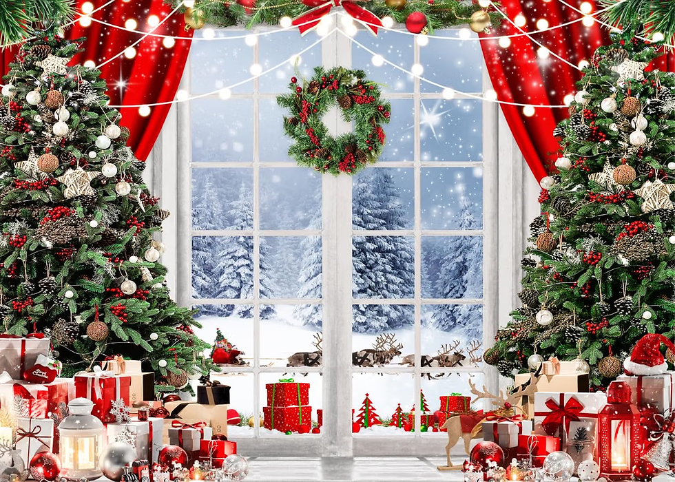 Festive Christmas window with two decorated trees, wreath, red curtains, gifts, lanterns, and snowy forest outside.
