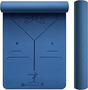Blue yoga mat with a floral design and alignment lines, partially rolled. Brand name "MOSHUSJIA" visible at the bottom.