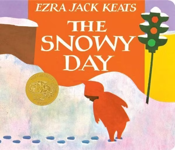 The Snowy Day book cover by Ezra Jack Keats, with a red-clad child walking in snow, footprints, traffic light, and Caldecott medal.