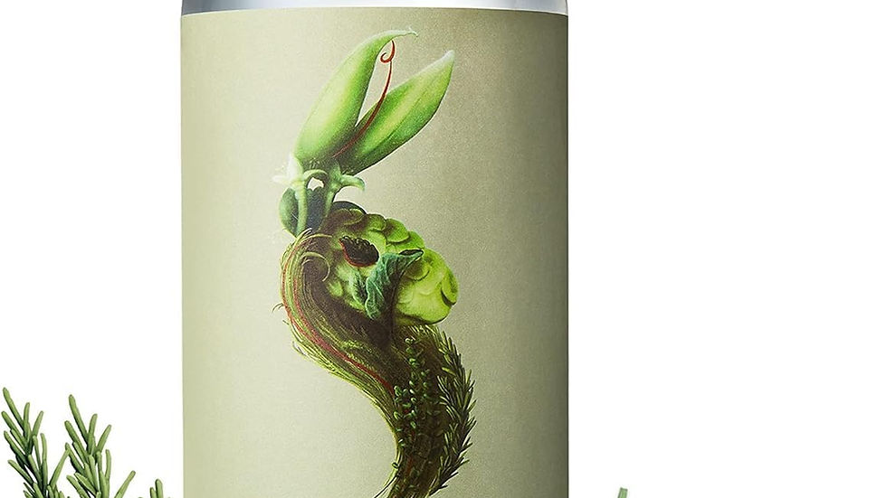 Seedlip Garden 108 bottle with green label, copper cap, and botanical illustration. Surrounded by rosemary, mint leaves, and pea pod.