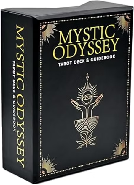 Black Mystic Odyssey Tarot Deck & Guidebook box with gold lettering and mystical eye-and-hands design on a white background