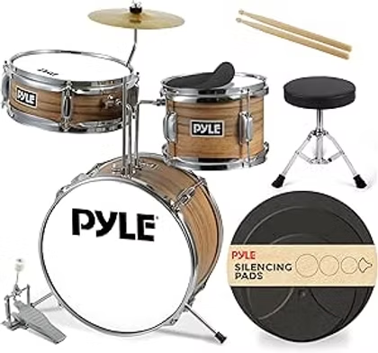 PYLE drum set with bass drum, snare, tom, cymbal, stool, sticks, and silencing pads on a white background.