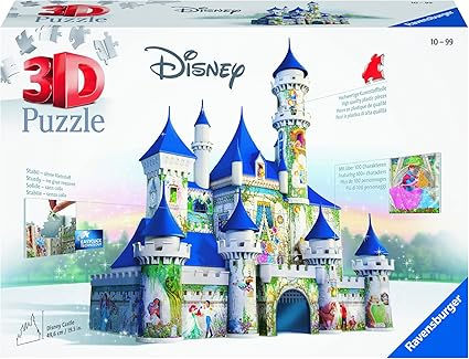 Disney 3D puzzle box showing a colorful castle with blue spires, featuring Disney characters. Text includes "10-99" and "Ravensburger."