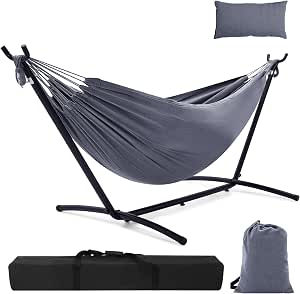 Gray hammock with stand, pillow, carry bag, and storage sack on a white background.