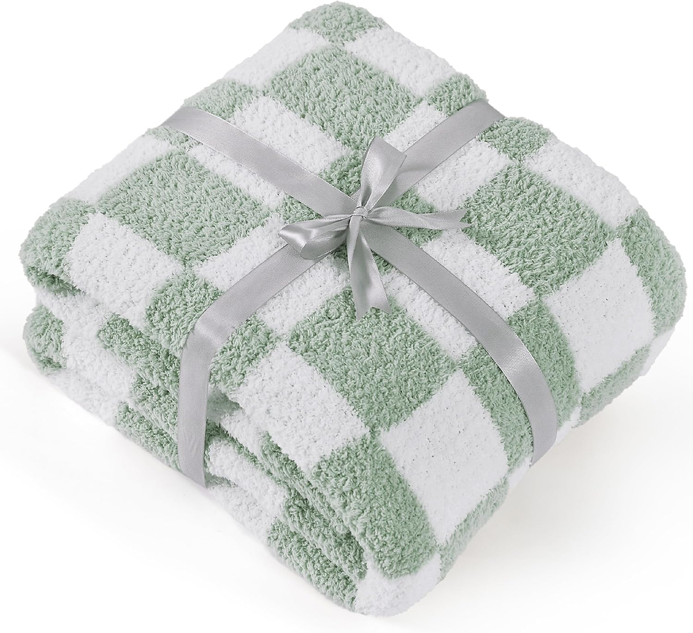 Folded mint green and white checkered plush blanket tied with a silver ribbon on a white background