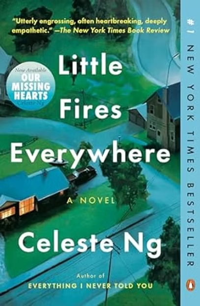 Book cover of Little Fires Everywhere by Celeste Ng, showing a teal suburban neighborhood and New York Times praise text.
