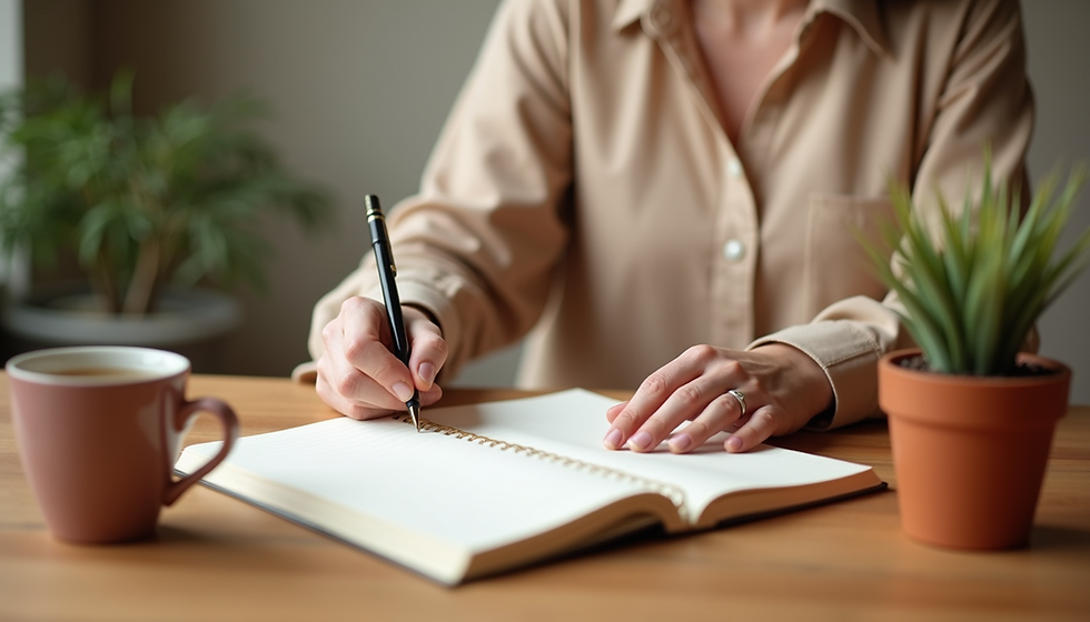 Person in a beige shirt writing in a notebook at a wooden table with a pink mug and potted plant. Bright, focused atmosphere.