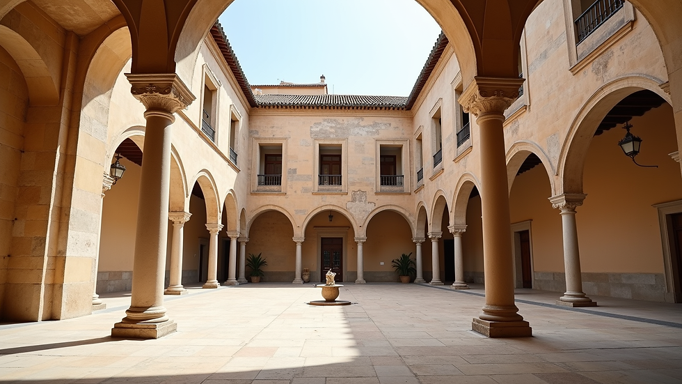 Eye-level view of a historic Andalusian palace courtyard with elegant arches