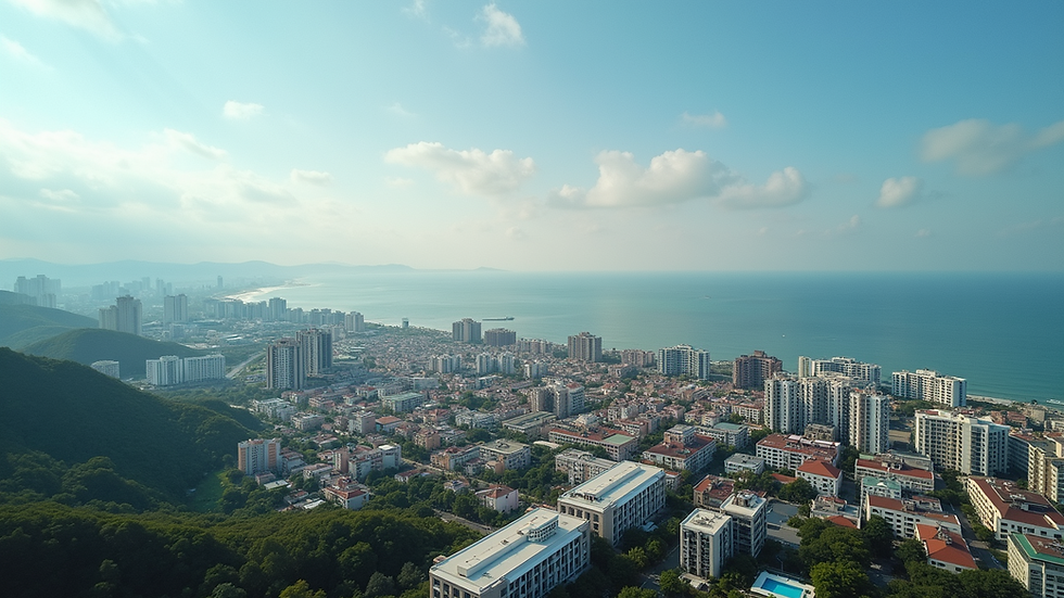 Wide angle view of a coastal city with international school buildings