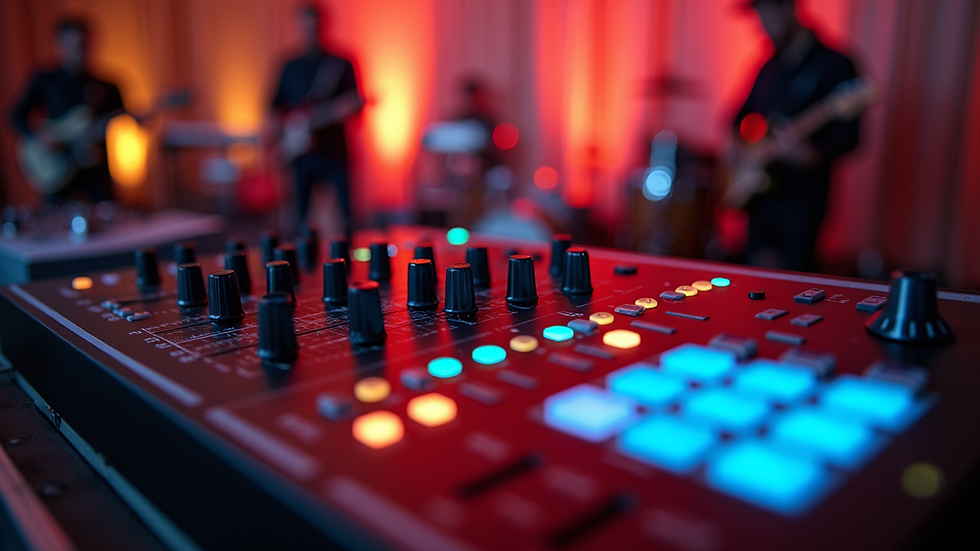 Close-up view of a sound mixer and musical instruments set up for a wedding band