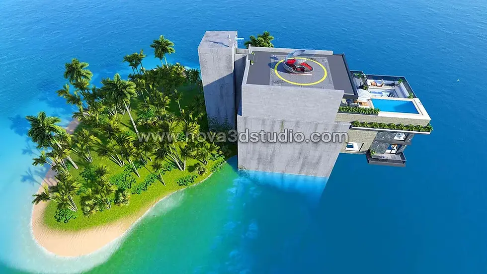 Aerial 3D architectural visualization of a luxury villa located on a private island overlooking the ocean, created from a drone-style perspective.
