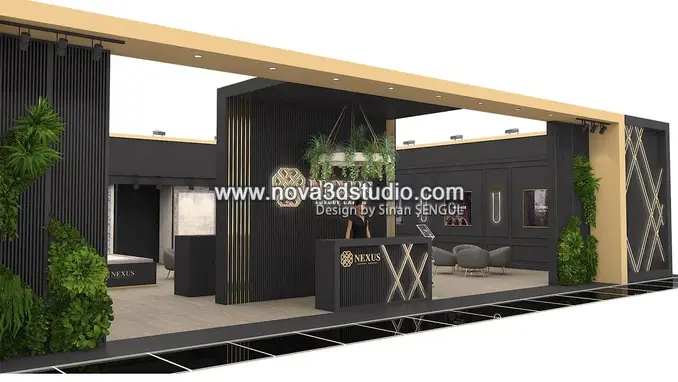 Front entrance of the carpet exhibition booth with elegant branding