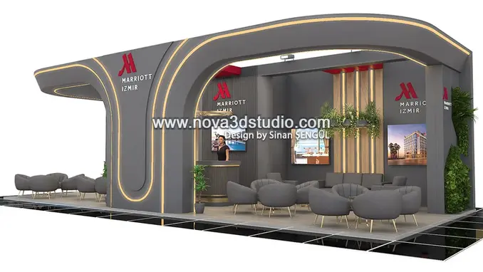 Anthracite-colored concept exhibition stand designed for a hotel brand – overall view