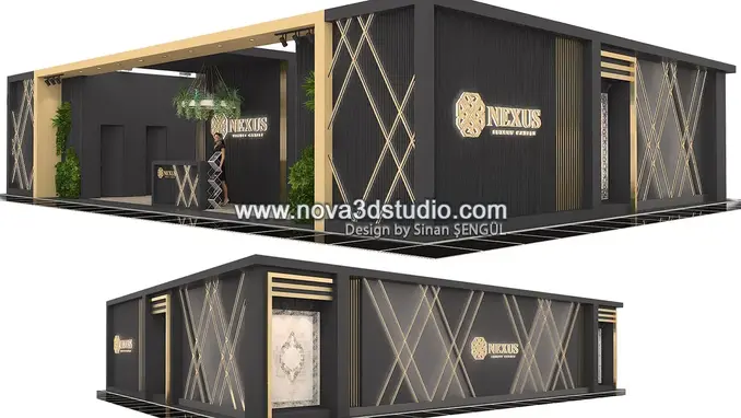 Full 3D view of luxury carpet exhibition stand with golden details and symmetrical architecture