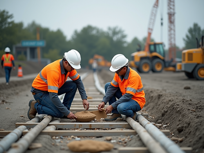 A construction site showing workers collaborating on a project, with a focus on safety and