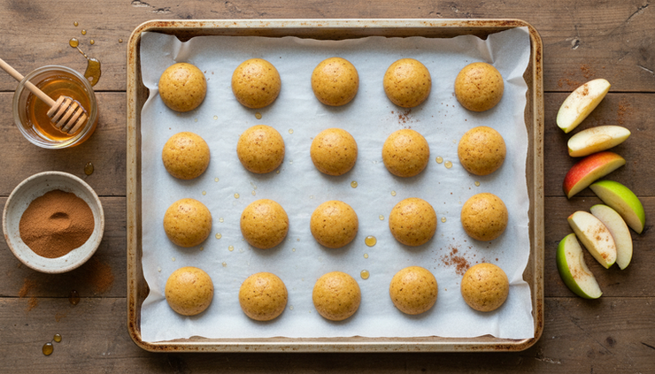 Overhead view of parchment paper laid on a baking sheet with scooped cookie dough.