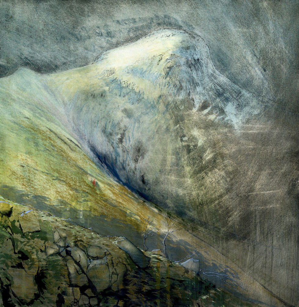 a painting of a mountain with a tree in the foreground