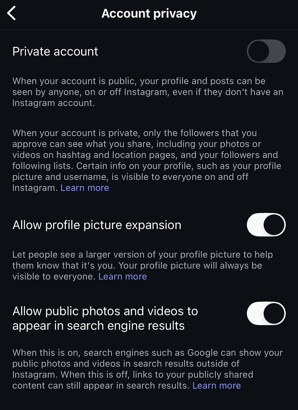 Instagram account privacy settings, showing toggles for "Private account," "Allow profile picture expansion," and search engine visibility.