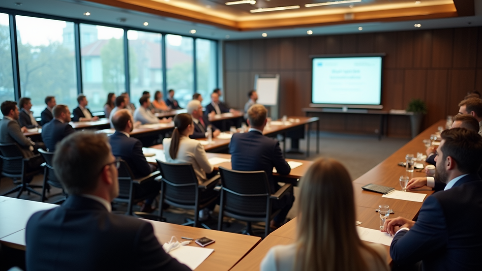 High angle view of a conference room with psychiatrists attending a certification seminar