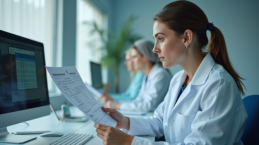 Eye-level view of a medical professional reviewing adolescent patient files