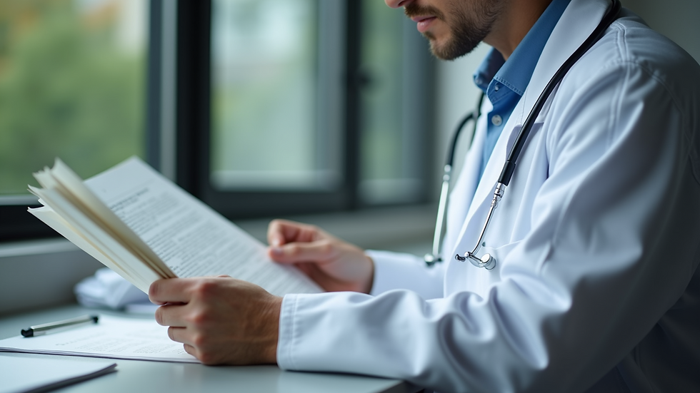 Close-up view of a psychiatrist studying medical literature