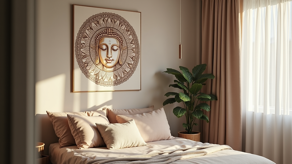 High angle view of a cozy room corner with a mandala painting and soft cushions
