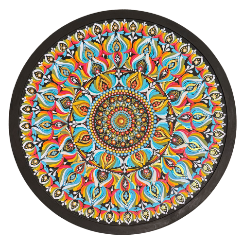 Colorful mandala artwork with intricate designs on a dark circular background.