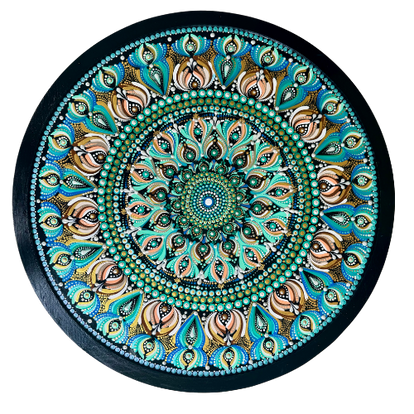 Colorful mandala artwork with intricate details and patterns, teal blue and gold.