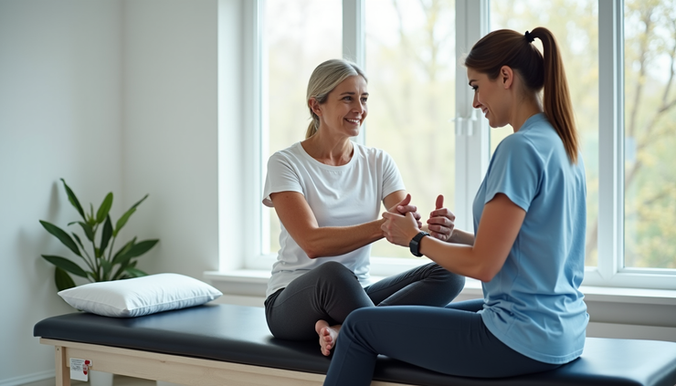 Eye-level view of a physiotherapist guiding a middle-aged woman through gentle joint exercises in a bright clinic room