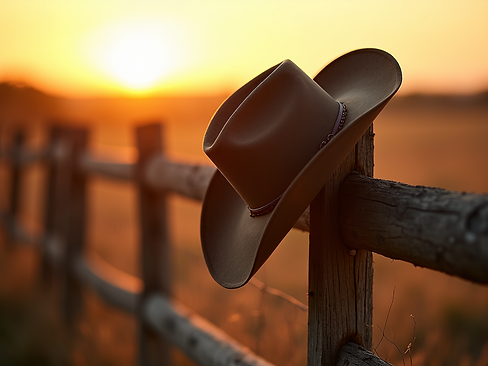 A-weathered-cowboy-hat-hanging-on-a-fence-post-at-sunset-with-golden-sunrise-lighting..png