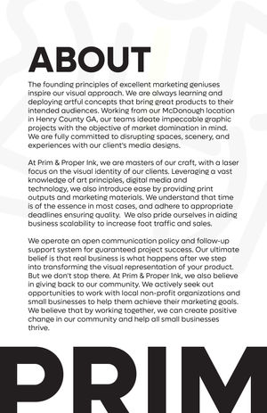 About Us for Prim and Proper Ink, a business or brand related to graphics, and print featuring an elegant and professional design