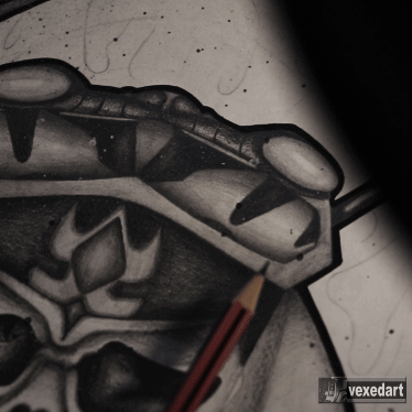 pencil drawing of skulls and insects