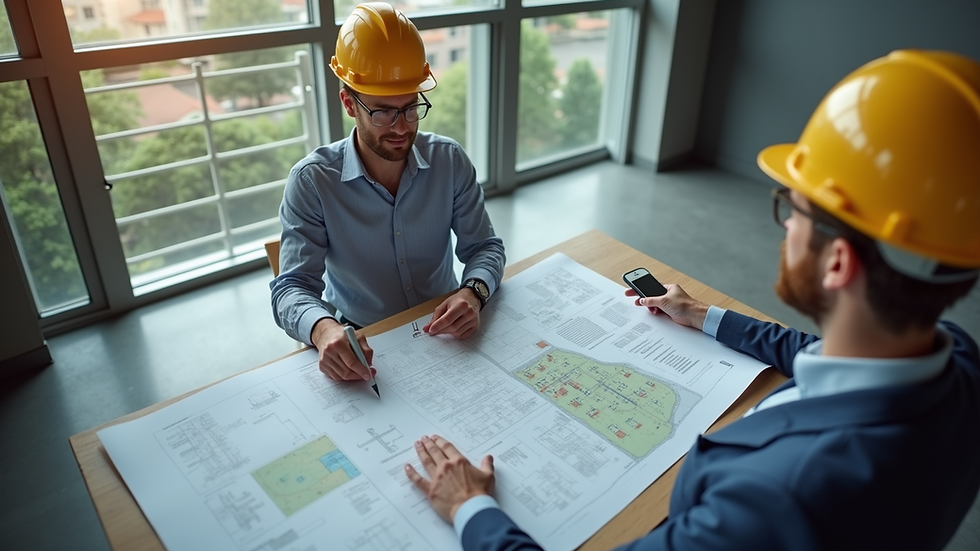 High angle view of a civil engineering consultant discussing site plans with a project manager