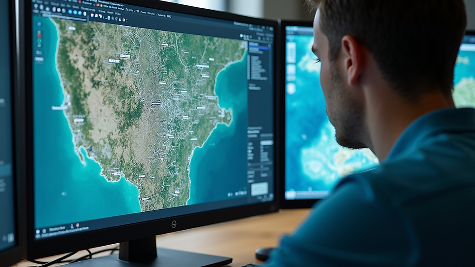 Eye-level view of a satellite image displayed on a GIS workstation