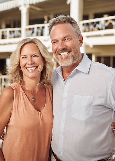 A picture of a middle-aged white couple enjoying a vacation smiling at a camera at a club