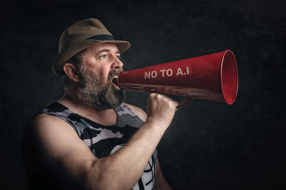 man shouting into megaphone labelled NO TO AI representing honest provocative discussion about artificial intelligence and older adults