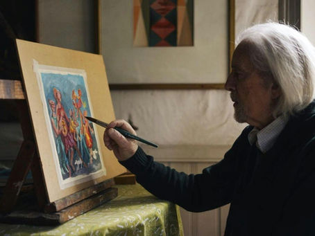 elderly artist painting at easel representing human taste and experience that artificial intelligence cannot replicate