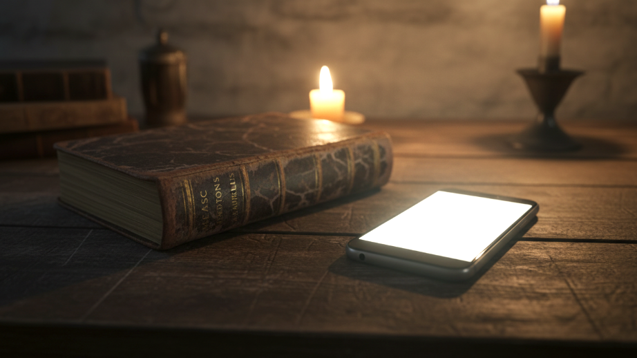 Marcus Aurelius Meditations book beside a smartphone representing stoic philosophy and technology