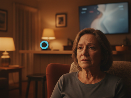 older adult at home with Amazon Alexa smart speaker and smart TV collecting data