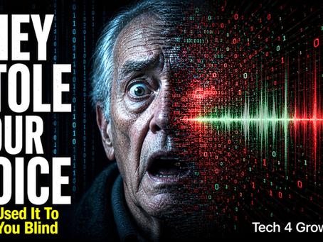 Dramatic warning image showing a senior's face dissolving into a digital AI voice waveform, representing the threat of AI voice cloning scams targeting older adults in the UK
