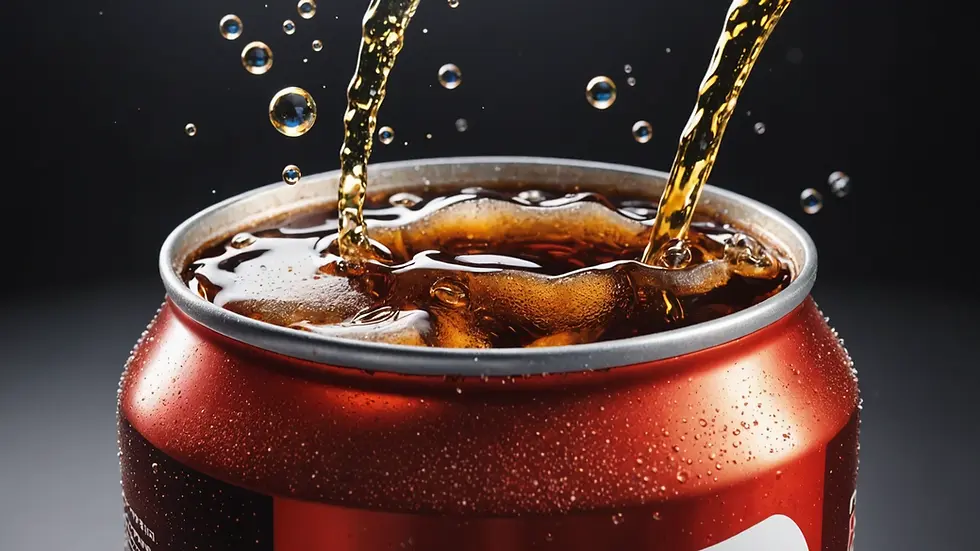 Close-up view of a cola can with bubbles rising