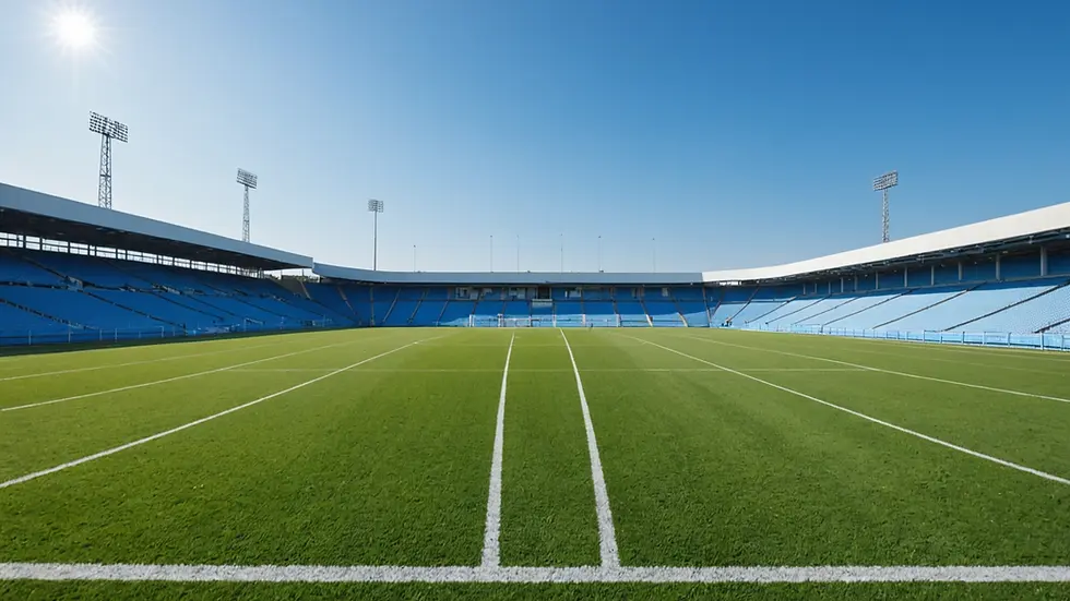 Eye-level view of a football field under a clear blue sky