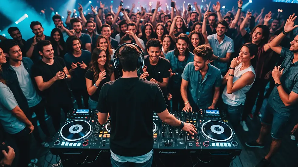 High-angle view of a vibrant DJ performance with a captivated audience