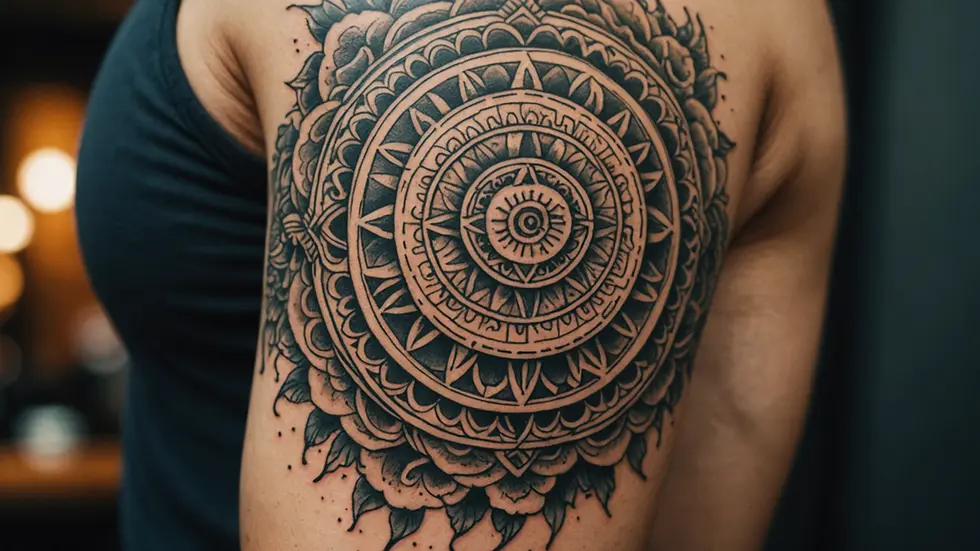 Close-up view of an intricately detailed tattoo on an arm