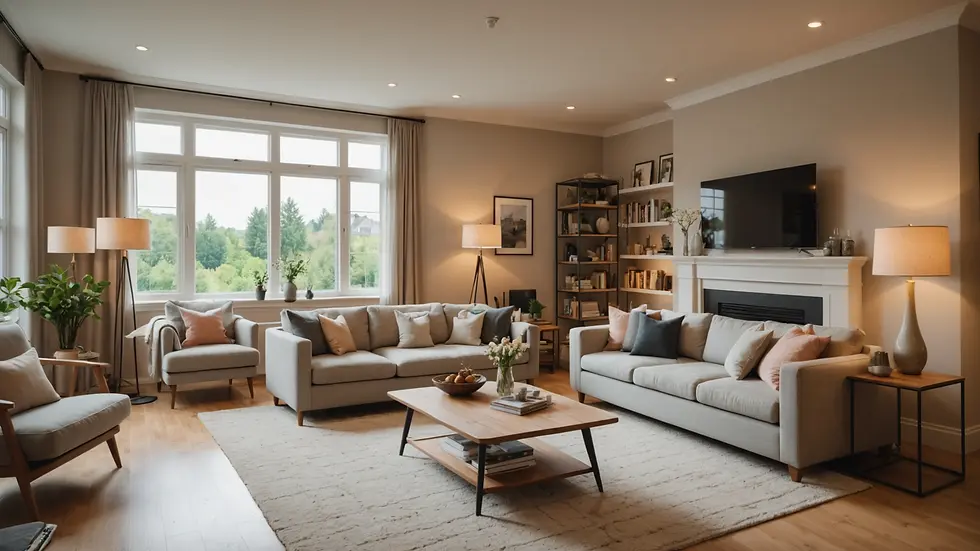 Wide angle view of a cozy living room designed for relaxation